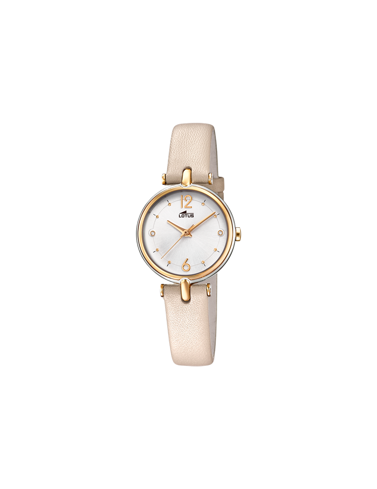 Reloj Lotus para señora con caja bicolor y correa piel blanca. Circonitas