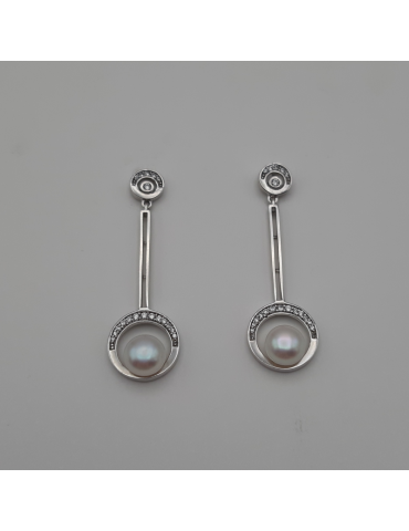 Pendientes de plata largos, con perla y circonita